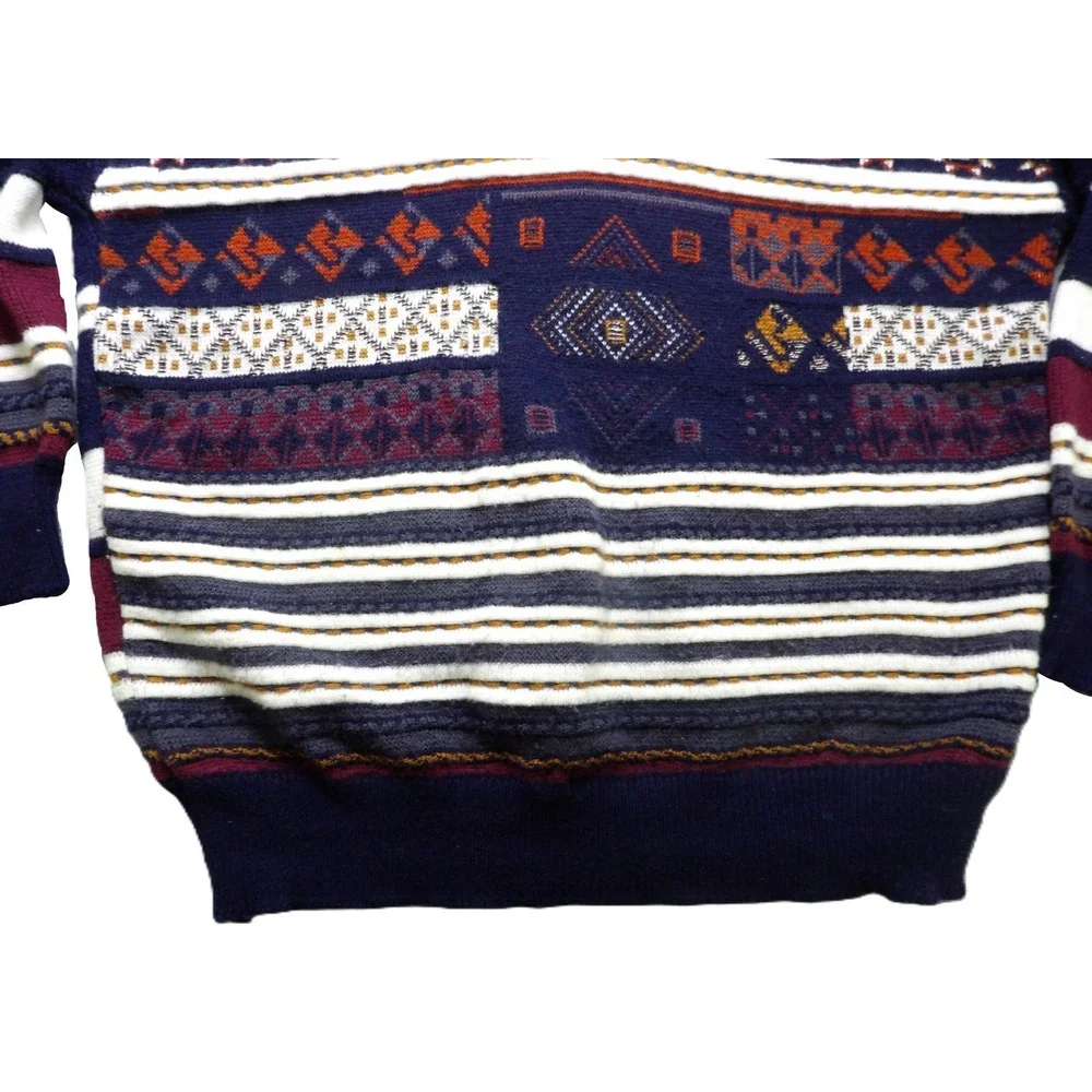 VTG Marc O'Polo 80s V-Neck Geometric Sweater Men 40 Navy Multicolored Wool Knit